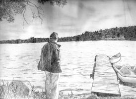 A sketch done of my grandfather standing in front of a lake.