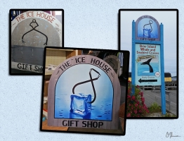 This is a digital illustration I did for The Ice House Gift Shop sign located on Brier Island. To the left is what they came in with and the middle picture is what I came up with. to keep similar to their previous sign. On the right is a picture of where the sign is displayed.